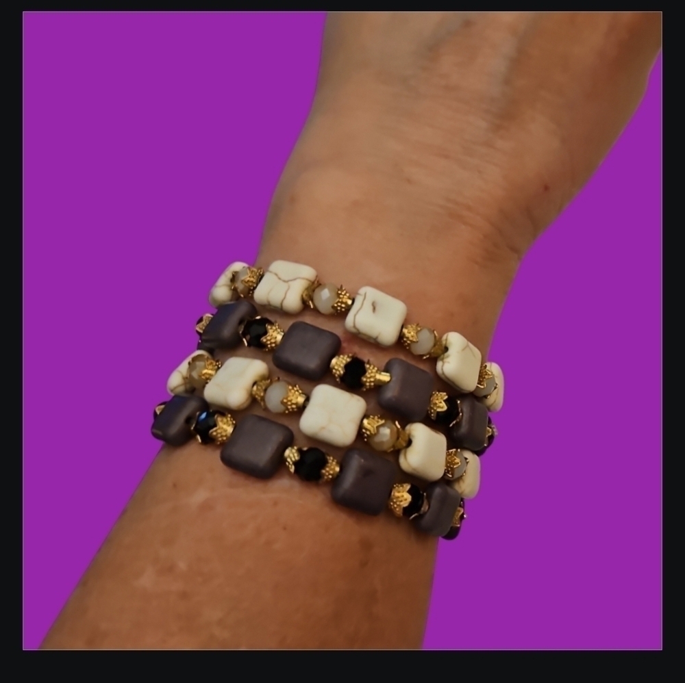 3/$30 Set of Four Square Howlite Beaded Stretch Bracelets